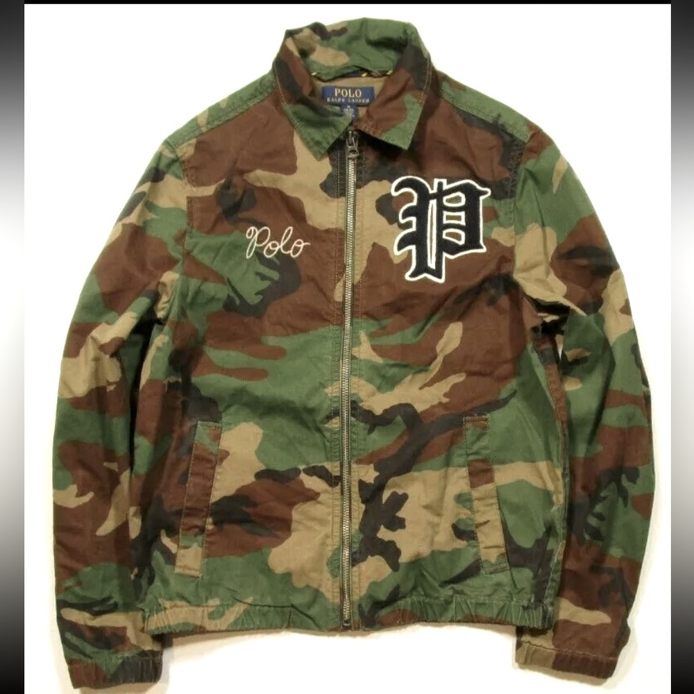 POLO Ralph Lauren Kid Canvas Bayport Army Green Camo Jacket “P” Varsity Letter M
